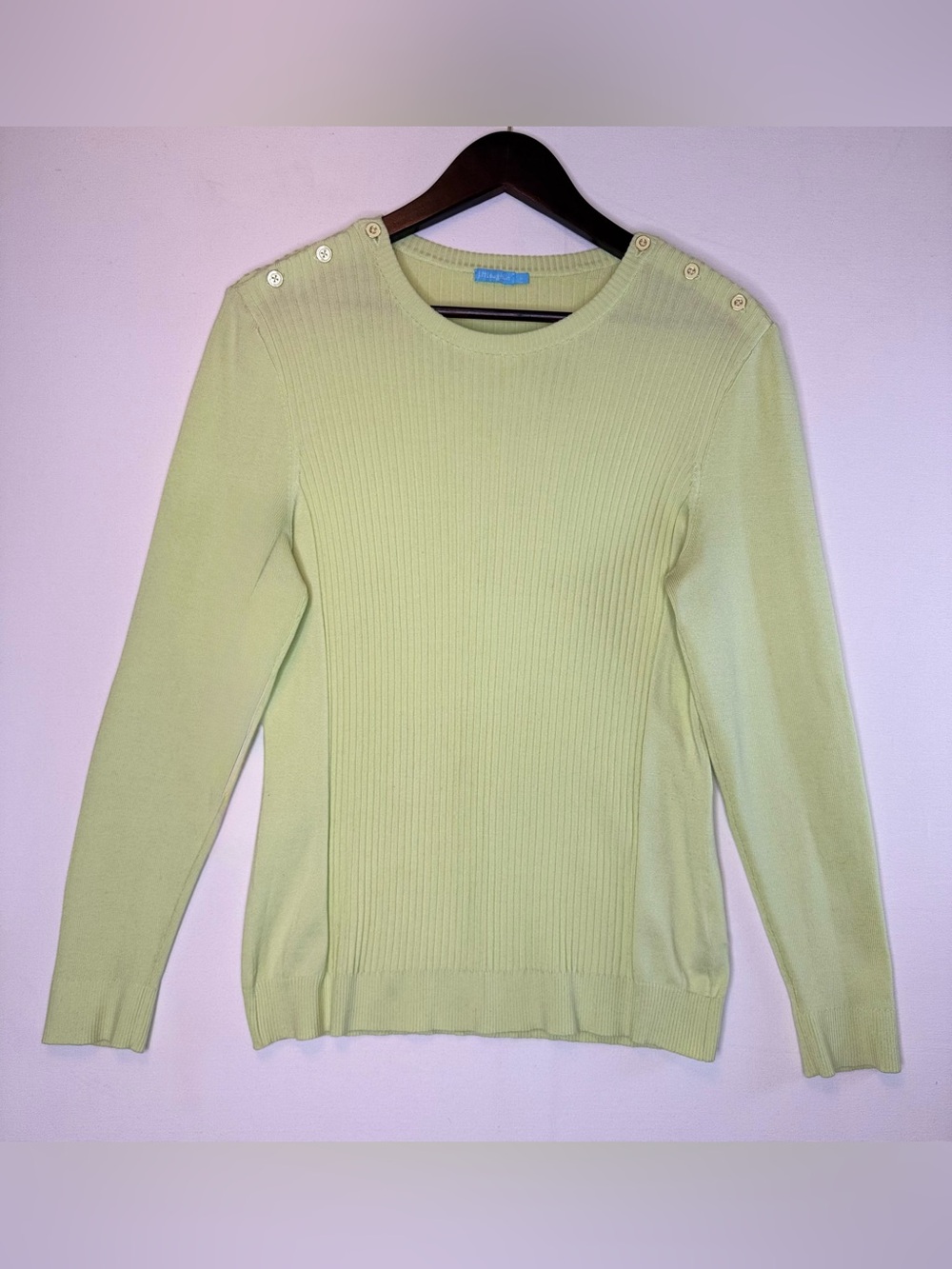 J McLaughlin Jamey Sweater Lime Green ribbed button shoulders Sz Lg Classic
